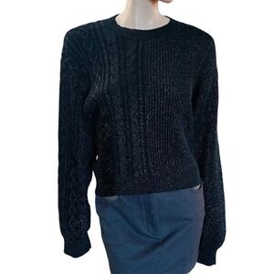 Rta Mia Distressed Knit Cable Sweater in Black Sz M Long Sleeves Silver Threads